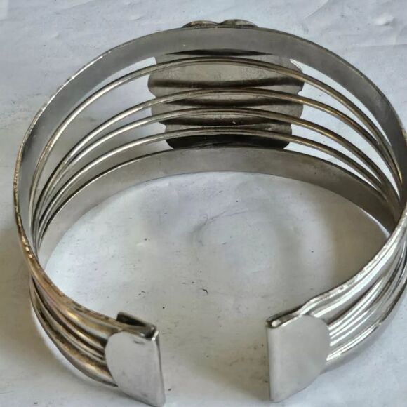 Vtg Blue Ceramic Scarab Overlay Cuff Bracelet Silver Tone EUC - Picture 3 of 4